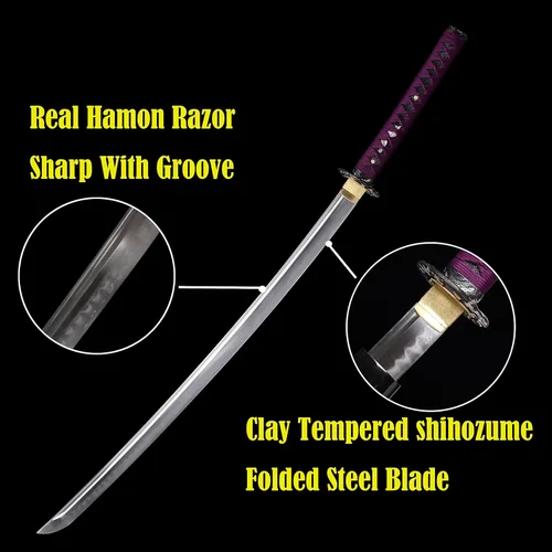 Vista 2 de Katana Sword Real Hand Forged Japanese Clay Tempered shihozume Folded Steel Blade Samurai Sword Razor Sharp Full Tang