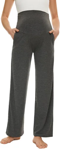 Vista 2 de Ecavus Pantalones de maternidad anchos y rectos para mujer, versátiles, cómodos, palazzo, elásticos, con bolsillos