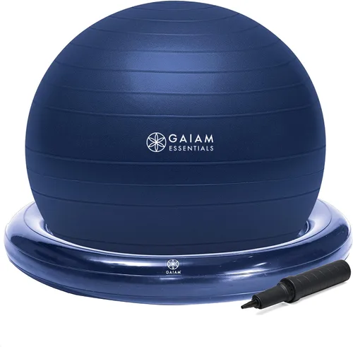Vista 10 de Kit de pelota de equilibrio y base Gaiam Essentials, silla de pelota de yoga de 65 cm, pelota de ejercicio con base de anillo inflable