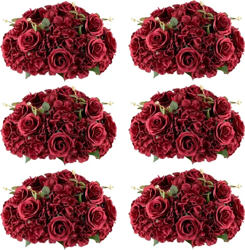 Vista 21 de Bolas de flores burdeos para centros de mesa: 11.8 pulgadas de diámetro, juego de 6
