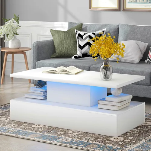 Vista 9 de Elegante mesa auxiliar LED para sala de estar, mesa central rectangular de madera de alto brillo con luz LED de 16 colores, moderna mesa de café