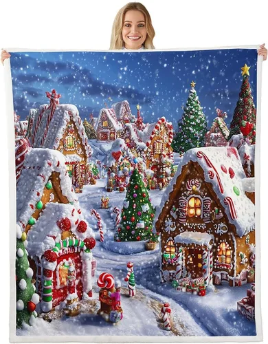 Vista 22 de Manta de cama Kawaii de Papá Noel, manta rústica de felpa con corona de Navidad para decoración rústica del hogar, manta de franela de flores rojas