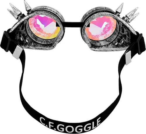 Vista 95 de Gafas de caleidoscopio retro con pinchos, gafas de cristal arcoíris steampunk estilo soldadura, gafas de cosplay punk
