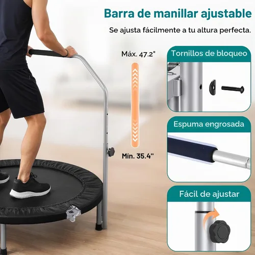 Vista 3 de SereneLife Mini trampolín plegable de 40 pulgadas para adultos, rebotador de fitness compacto con mango de espuma ajustable, trampolín de ejercicio