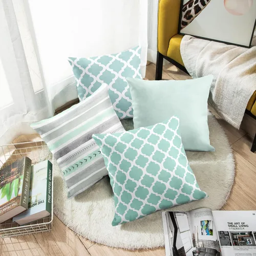 Vista 4 de Emvency Juego de 4 fundas de almohada de color menta, marroquí, verde, cuadrifolio, gris, acuarela, flechas, genéricas, sólidas, decorativas