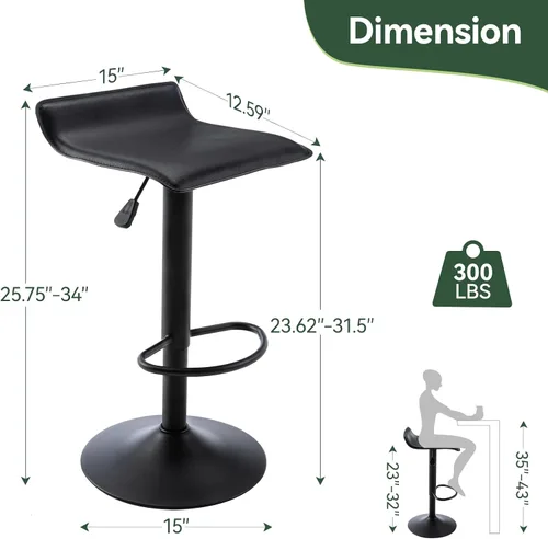Vista 2 de Vogue Furniture Direct Juego de 2 taburetes de bar giratorios ajustables, modernos taburetes de altura de mostrador de piel sintética sin respaldo