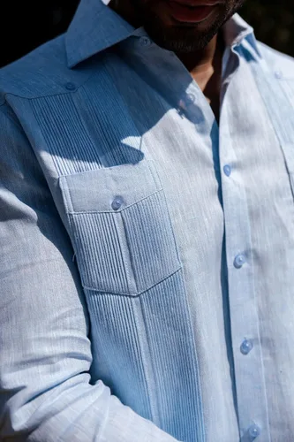 Vista 7 de Mojito - Camisa guayabera de manga larga para hombre, 100% lino, diseño de 2 bolsillos