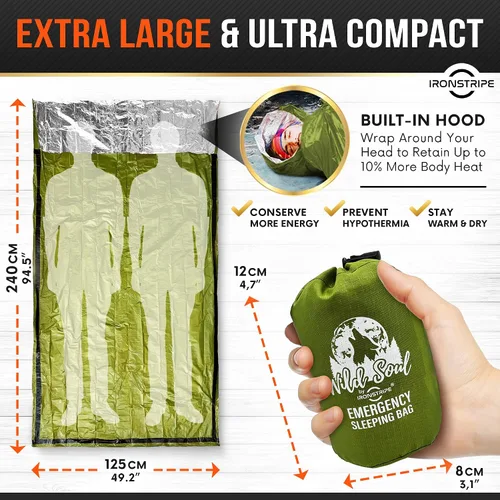 Vista 2 de Ironstripe Bivy Sack XL - Saco de dormir de supervivencia impermeable con silbato de emergencia, capucha integrada y Mylar térmico, resistente a