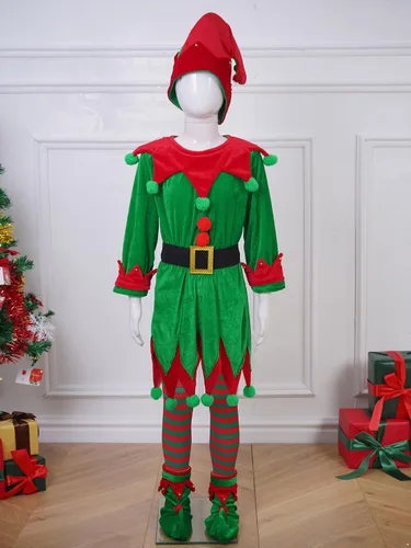 Vista 5 de Jugaoge Disfraz de elfo navideño para niños, disfraz de Santa Claus para niños y niñas, traje festivo