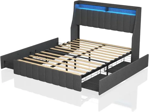 Vista 10 de HAUSHECK Base de cama Queen con cabecera de almacenamiento, 4 cajones y luces LED, cama de plataforma tapizada con cabecera de alas, marco de cama