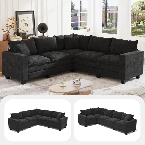 Vista 11 de Sofá seccional modular de 97 pulgadas con 5 asientos, sofá cómodo convertible en forma de L con almacenamiento en reposabrazos y dos almohadas