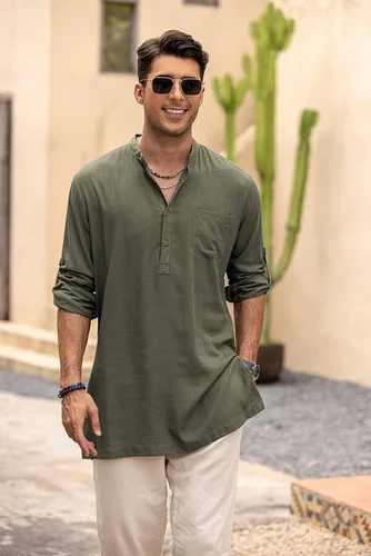 Vista 4 de COOFANDY Camisas Henley de lino para hombre, manga larga, ajuste regular, camisetas de playa Kurta con bolsillo