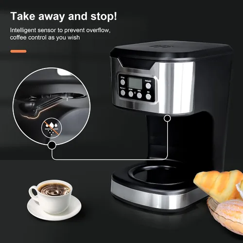 Vista 5 de Cafetera programable de 12 tazas, máquina de café de preparación y goteo, totalmente automática, ajuste de 1-4 tazas, de acero inoxidable, función