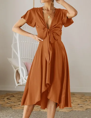 Vista 3 de ZESICA Vestido de fiesta de cóctel para mujer, sexy, de satén, cuello en V, manga corta, con volantes en la parte delantera, acampanado, con vuelo