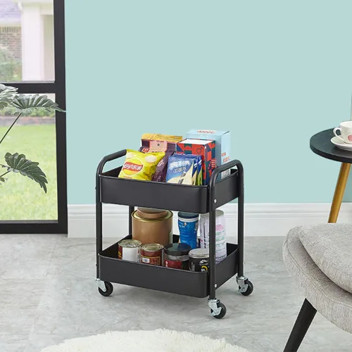 Vista 2 de Melody House Carrito de almacenamiento rodante de 2 niveles totalmente metálico con asa y ruedas con bloqueo - Organizador para cocina, lavandería