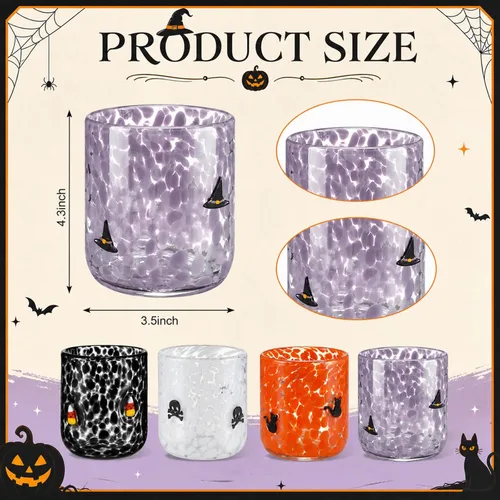 Vista 2 de Skylety 4 vasos de cristal con icono de Halloween, sombrero de bruja