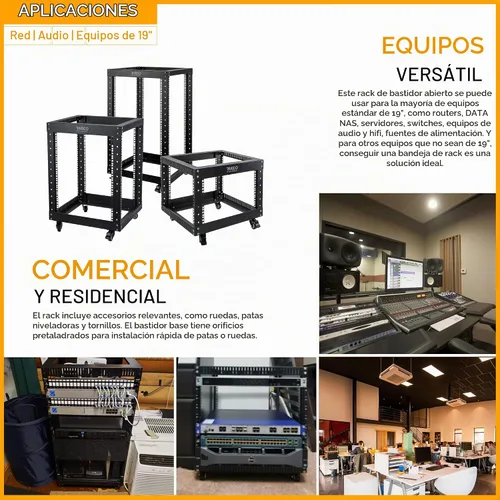 Vista 6 de RIVECO Estante de servidor de marco abierto de 6U con ruedas: montaje rápido de 4 postes para uso pesado, soporte de 19 pulgadas, gabinete de 600 KG