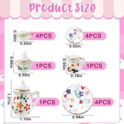 Vista 2 de Sumind Juego de tazas de té de porcelana en miniatura, 15 piezas, juego de porcelana en miniatura, diseño de flores, tetera, tazas, platos