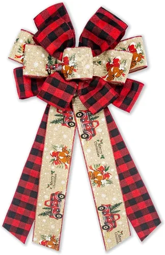Vista 8 de Lazo de Navidad grande para corona, lazos de corona de Navidad a cuadros rojos y negros para puerta delantera, coronas decorativas de terciopelo