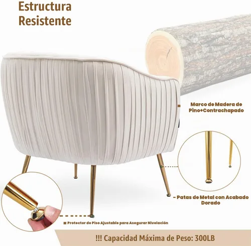 Vista 6 de Silla de Acento de Terciopelo, Silla Moderna de Barril, Sillas con Brazos para Sala de Estar y Dormitorio, Acabado Dorado, Beige