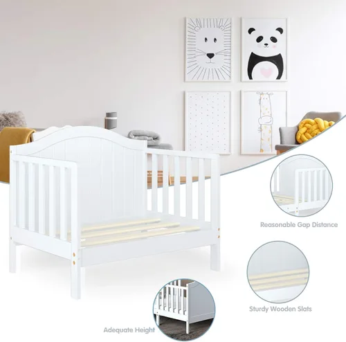 Vista 8 de Costzon Cama convertible 2 en 1 para niños pequeños, cama clásica de madera para niños con 2 barandillas laterales, estribo para mayor seguridad