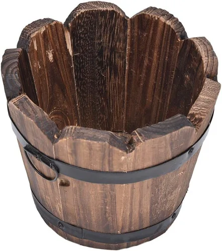 Vista 3 de 1 maceta rústica de madera con forma de barril, para patio, jardín, patio trasero, decoración del hogar