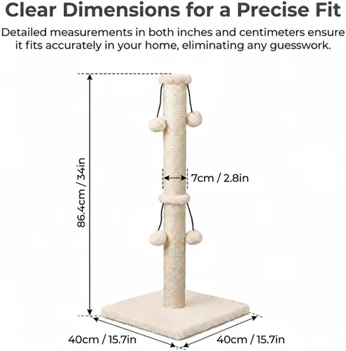 Vista 2 de Dimaka Poste rascador para gatos de 34 pulgadas, Poste rascador para gatos, Rascador para gatos grandes con pelota de juguete tentadora, Sisal Beige
