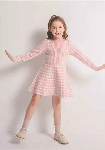 Vista 2 de SMILING PINKER Vestidos para niñas, suéter de punto de pata de gallo, vestido de invierno acampanado con cuello alto falso