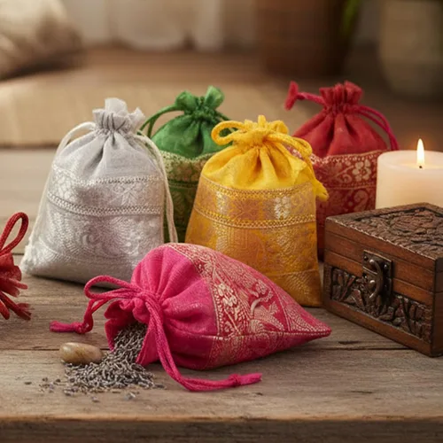 Vista 4 de Touchstone Drawstring Bags Indian Handcrafted Pouches Potli for Gifts Elefante_Multicolor (paquete de 20)