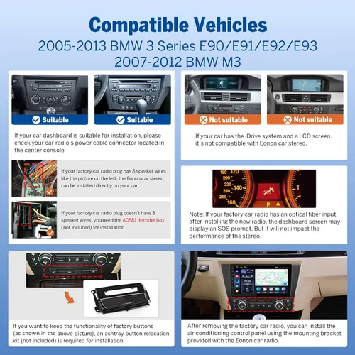 Vista 4 de Eonon 4+64GB estéreo para coche de 9 pulgadas CarPlay Radio para BMW Serie 3 2005-2013 (E90/E91/E92/E93), Android Auto pantalla táctil estéreo