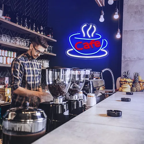 Vista 7 de Letrero de neón para cafetería, bar, decoración de arte de pared azul para sala de estar, luz LED de café, fuente de alimentación USB con cadena