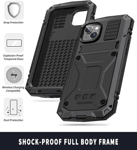 Vista 6 de Funda de metal para iPhone 14 de aluminio de grado militar con protector de pantalla de soporte de metal, a prueba de caídas, a prueba de golpes