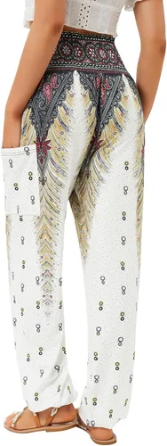 Vista 2 de QIANXIZHAN - Pantalones harén para mujer, pantalones bohemios de yoga con cintura alta y bolsillos