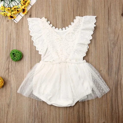 Vista 3 de Mameluco de tutú de tul con flores de encaje para bebé, vestido de princesa para primer cumpleaños, ropa de fiesta