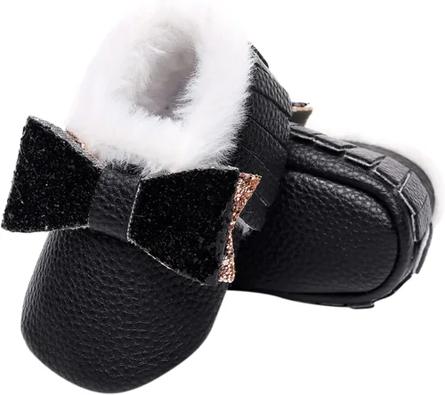 Vista 6 de Botas para niños caminantes para niñas con lazo de nieve para primer bebé zapatos anchos de felpa para bebé color negro 0-3 meses