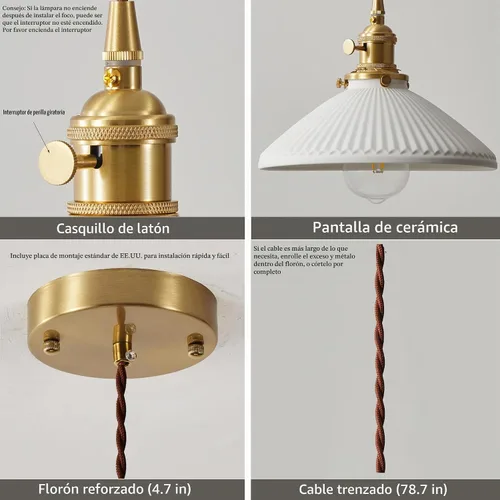 Vista 7 de Lámparas colgantes de cerámica industrial vintage, cable colgante ajustable de 6.56 pies, enchufe de latón, compatible con bombillas E26/E27