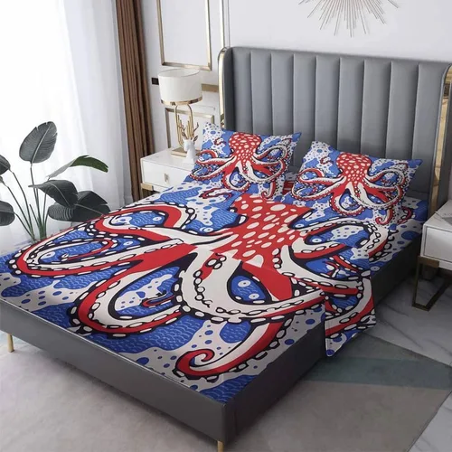 Vista 9 de Octopus Sheets - Juego de sábanas de tamaño individual, sábanas de microfibra suave, bolsillo profundo, sábanas y fundas de almohada estampadas sin