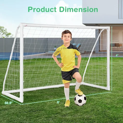 Vista 6 de GYMAX Portería de fútbol, porterías de fútbol para patio trasero con red para todo tipo de clima, estaca de tierra y bridas de cremallera, marco
