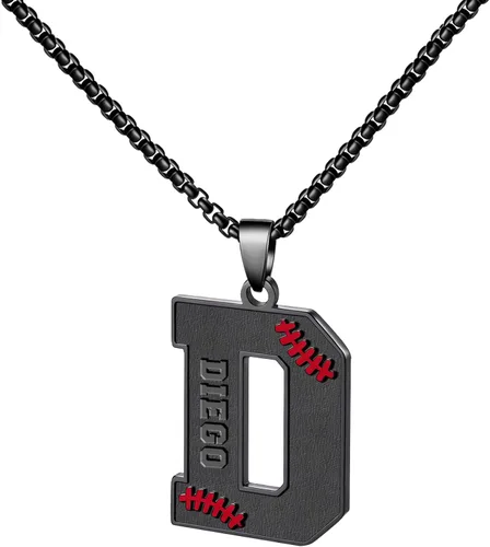 Vista 36 de Ldurian Collar personalizado con nombre de béisbol, cadena negra de acero inoxidable, collar con nombre deportivo, letra A-Z de 24 pulgadas, regalos