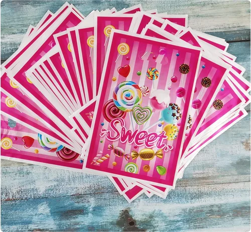 Vista 3 de Rainmae 50 bolsas de regalo de Candyland, regalos de fiesta de piruletas y caramelos, bolsas de golosinas y regalos familiares para dulces temáticos
