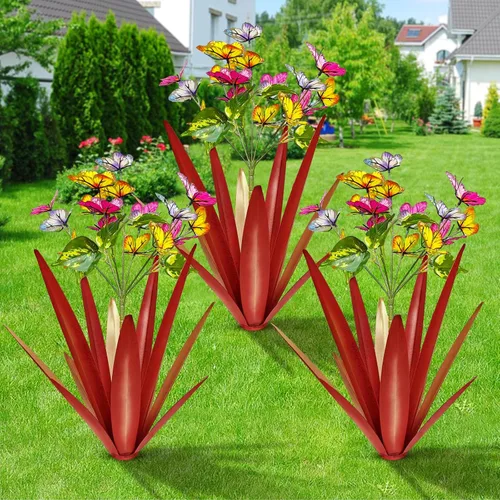 Vista 11 de TOMBABY Jardín al aire libre Mariposas agrandadas de metal espeso resistente al viento Arte de jardín de agave Metal Planta de campo Escultura