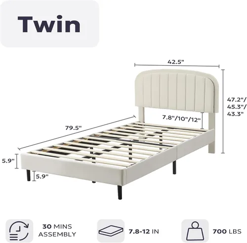 Vista 2 de Furnify Marco de cama individual, base de cama suave con esquinas redondeadas, base de cama tapizada de tela de terciopelo con cabecera redonda