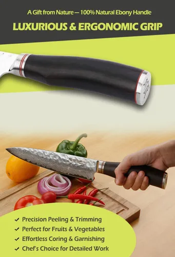 Vista 6 de YOUSUNLONG Cuchillo de chef – Cuchillos de cocina Gyuto de 8 pulgadas – Cuchillo afilado – Acero de Damasco martillado japonés – Mango de ébano