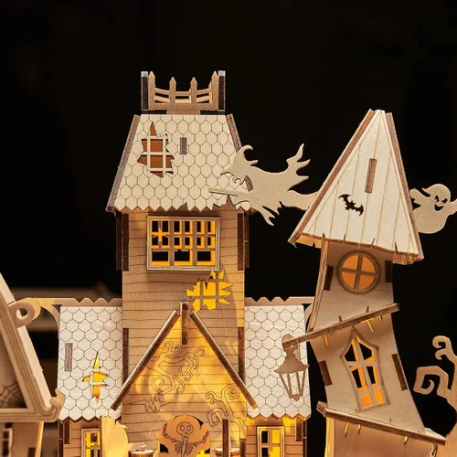 Vista 5 de Rompecabezas de madera 3D para Halloween, incluye tira de luz, rompecabezas y rompecabezas para Halloween/cumpleaños, regalos para adultos