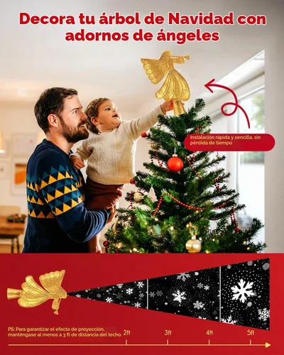 Vista 5 de Punta de árbol de Navidad con ángel y proyector LED de copo de nieve integrado, estrella de pentagrama hueca con lentejuelas doradas, adorno Ángulo