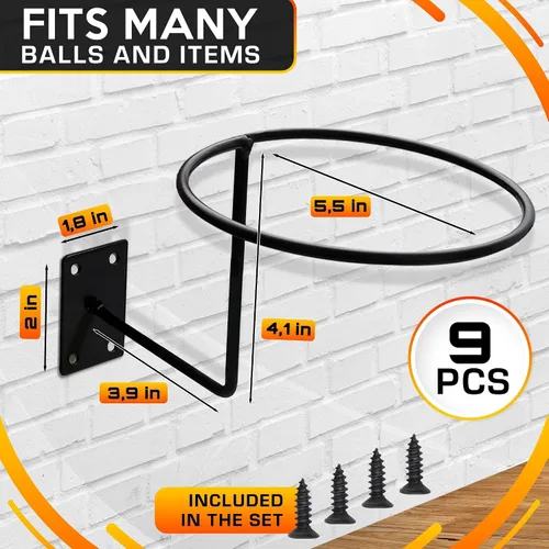 Vista 2 de Soporte de pared para baloncesto de 9 piezas, estante de almacenamiento de pelotas deportivas de metal negro y exhibición de pelotas