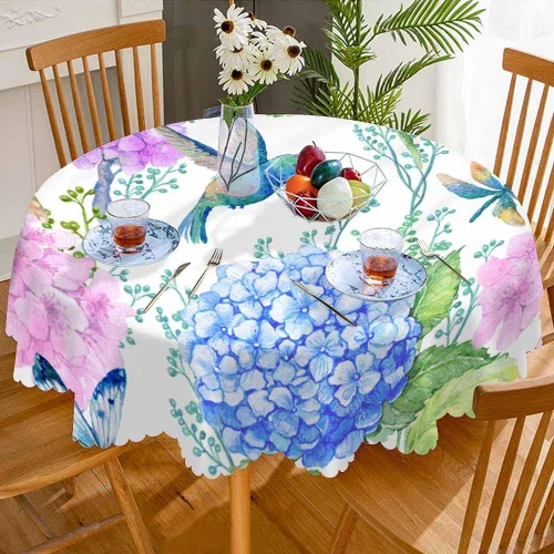 Vista 3 de AOYEGO Mantel redondo de primavera con diseño floral de pájaros, libélula, mariposa, hortensia, primavera, 60 pulgadas, para comedor, fiesta