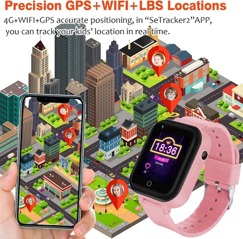 Vista 3 de OKYUK Reloj inteligente con GPS 4G para niñas y niños, IP67, impermeable, deportivo, reloj inteligente para niños, con cámara, WiFi, videollamada