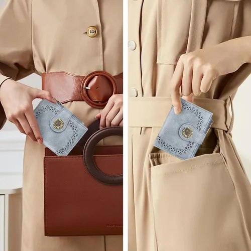 Vista 5 de SENDEFN - Carteras pequeñas para mujer, cartera compacta con bloqueo RFID, de cuero, plegable, con bolsillo para monedas y cierre, A-baby Azul