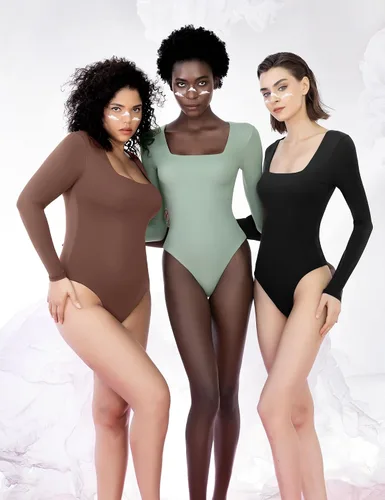 Vista 29 de PUMIEY Body sexy de manga larga con cuello cuadrado para mujer, colección Smoke Cloud